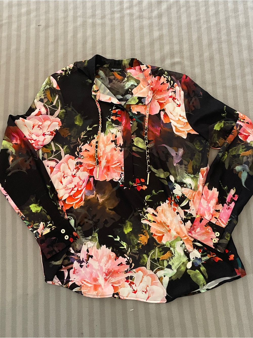 Guess by Marciano Black Floral Drawstring V-Neck Blouse